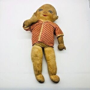 Antique Hand Made 14 inch -Cloth Boy Doll - Embroidered Face & Hair c. 1930's